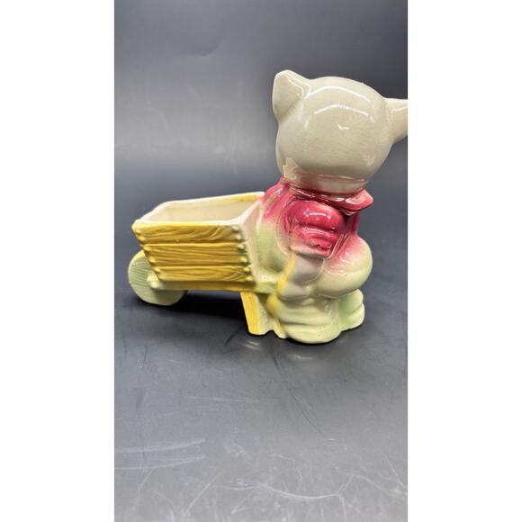 Vintage 1950s Shawnee Pottery Pig Planter, "Smiley Porky Pig" w/Wheelbarrow - Picture 3 of 15